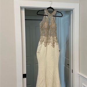 JVN Silver and Gold Embellished Halter Gown